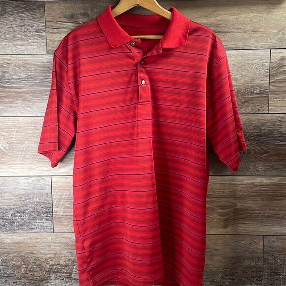 Mens Red With Black Stripes Polo Shirt Size L Brand unknown - Picture 1 of 4